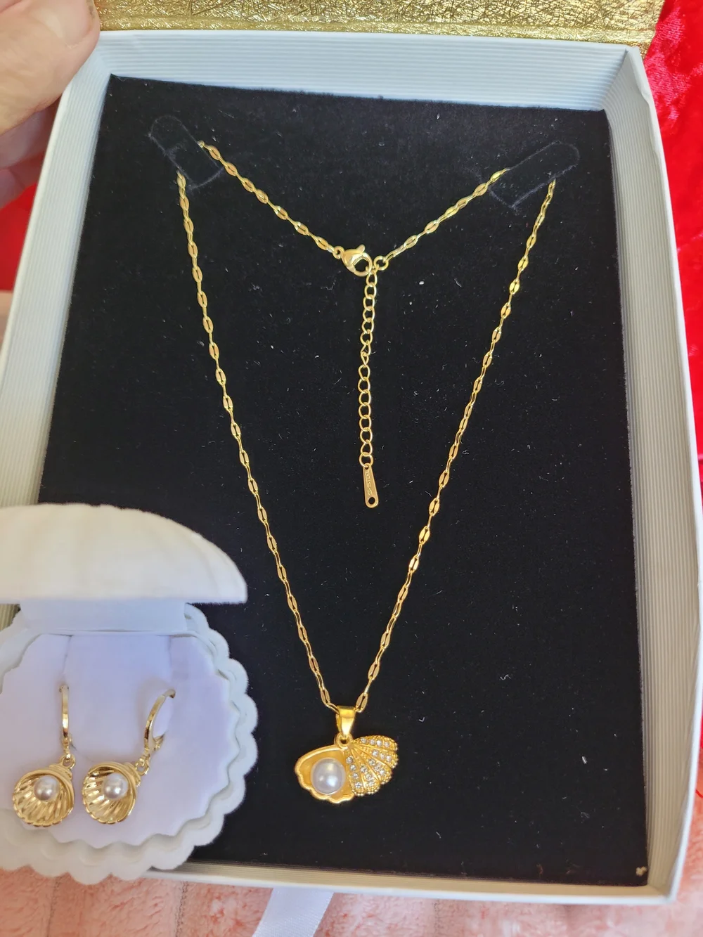 Gold Shell Pendant Necklace  Pale Pink Pearl and Crystal Accents And Earrings